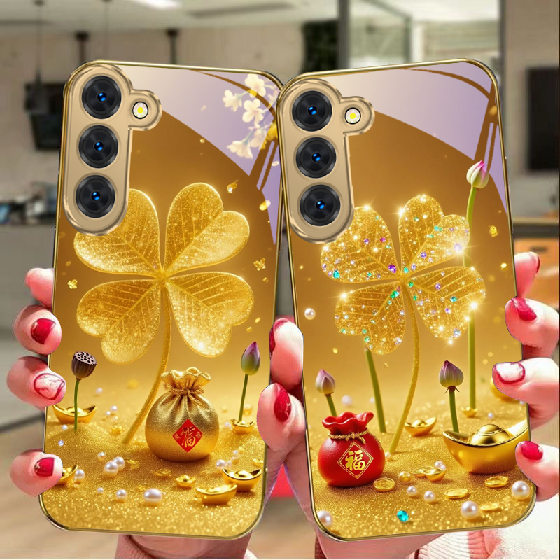 Tablet S9 Fe Accessories - Riesiger goldener Kleeblatt-Handyhülle aus Glas für