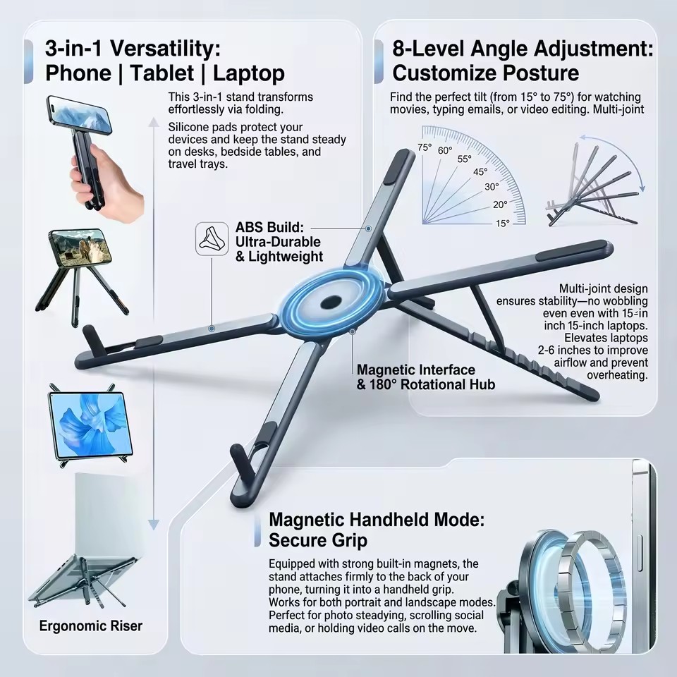 Useful Tablet Accessories - Tragbarer magnetischer Telefonhalter & Selfie-Stick 3-in-1